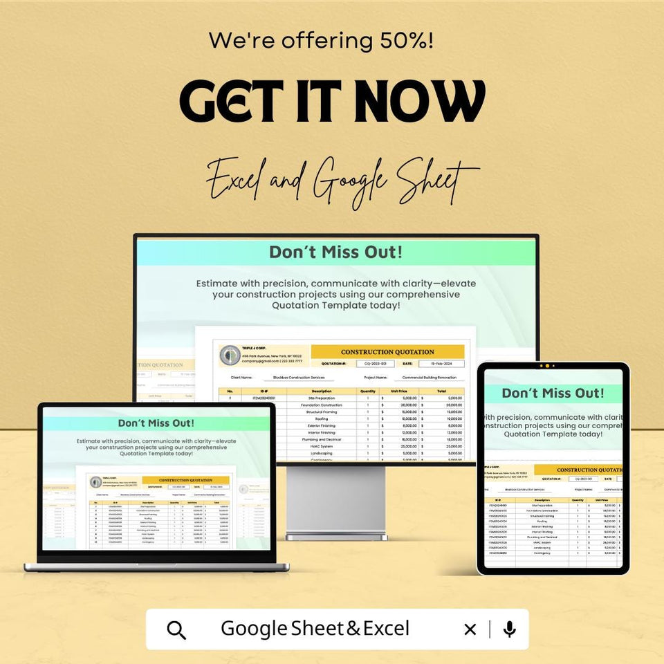 Construction Quotation Template for Excel & Google Sheets – 50% Off – Professional Project Estimation Tool