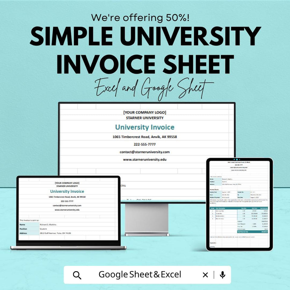 Simple University Invoice Template - Excel & Google Sheets - Easy-to-Use Customizable Invoice for Educational Institutions