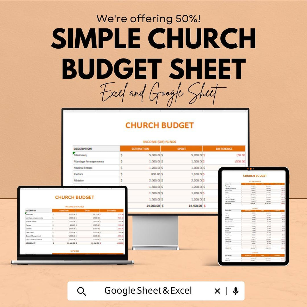 Simple Church Budget Sheet - Excel & Google Sheets Template for Church Fund Management and Financial Planning
