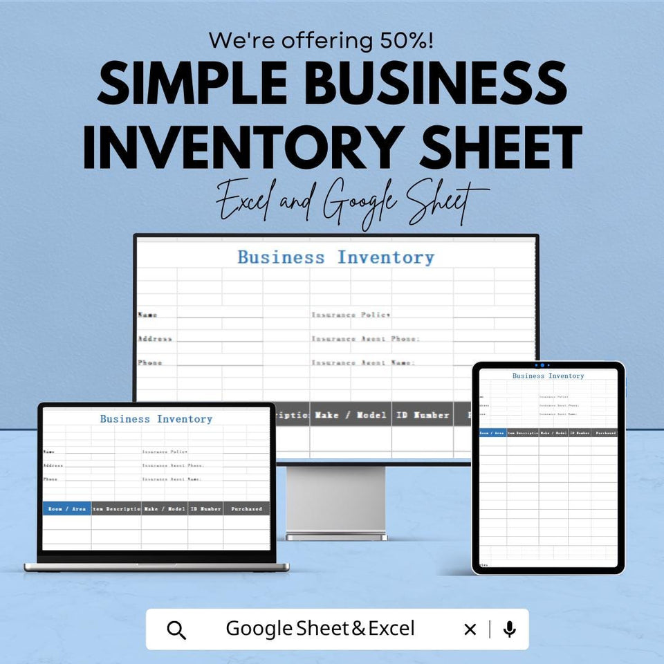 Simple Business Inventory Sheet - Excel & Google Sheets Template for Organizing Inventory and Asset Tracking