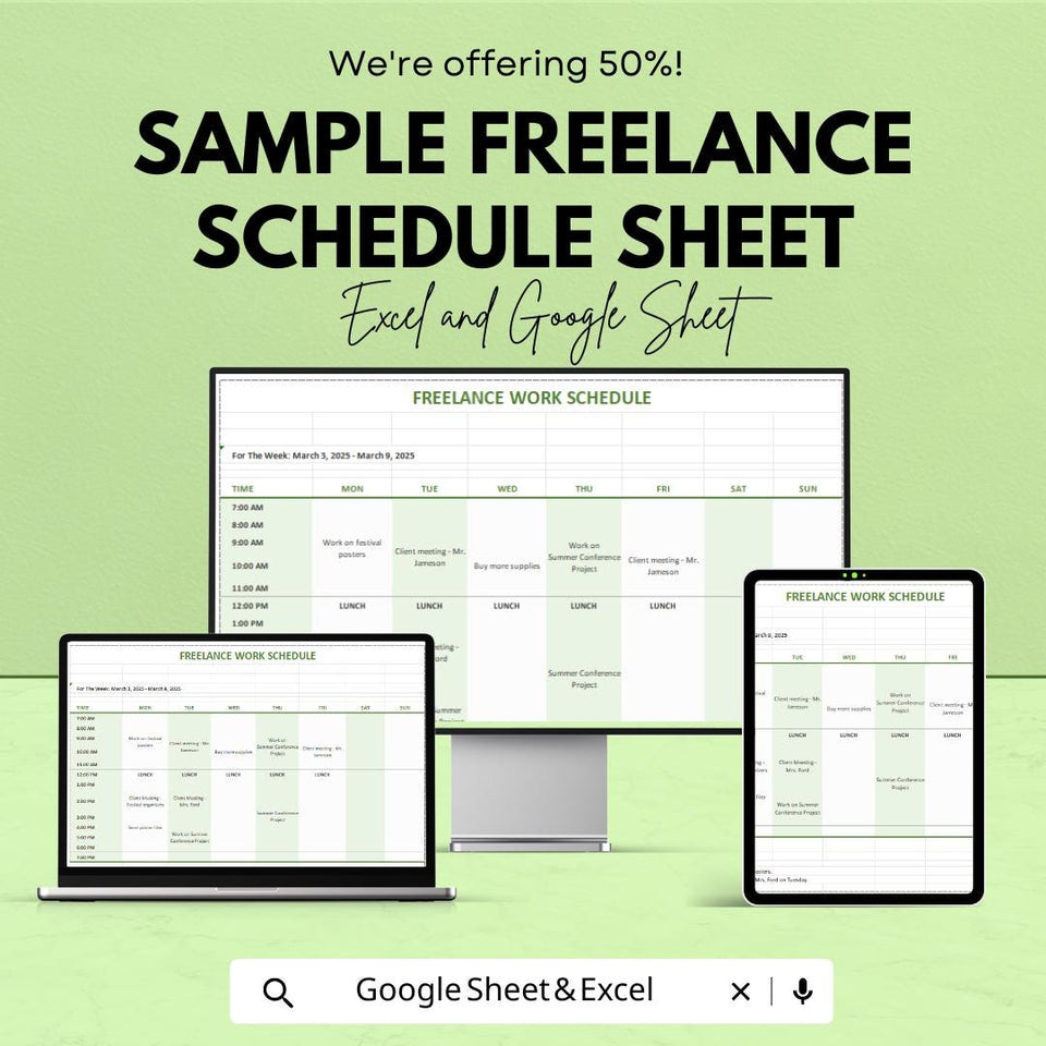 Sample Freelance Schedule Sheet - Excel & Google Sheets Template - Weekly Planner for Freelancers - 50% Off - Instant Download
