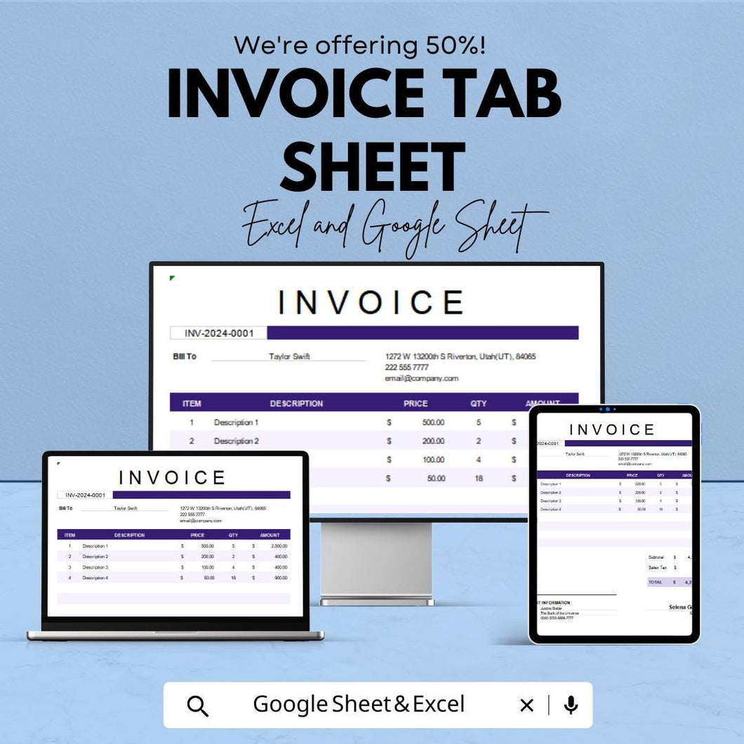 Invoice Tab Template - Excel & Google Sheets - Simple, Customizable Invoice Tracker for Businesses