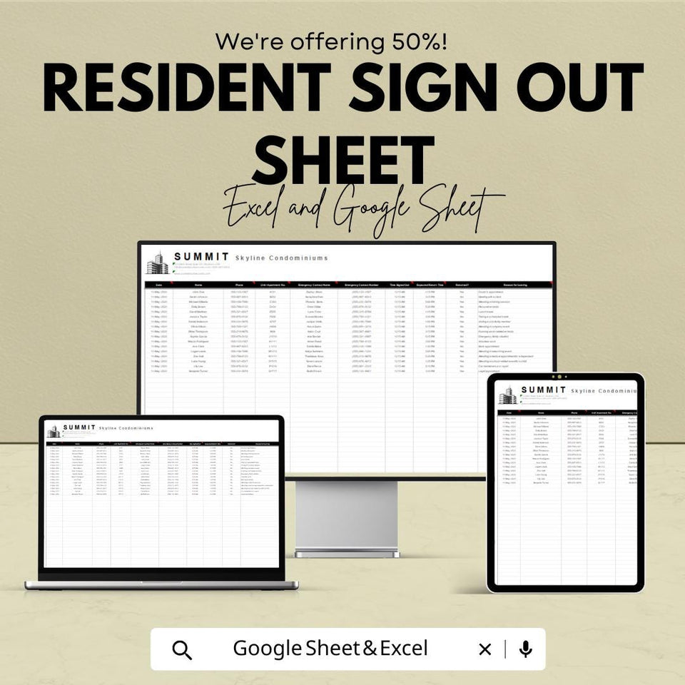 50% Off - Resident Sign Out Sheet for Excel & Google Sheets | Departure Tracker | Residential Management | Organize Resident Check-Outs
