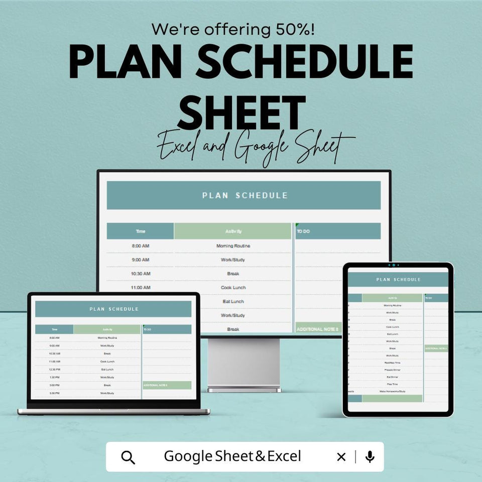 50% Off - Plan Schedule Sheet for Google Sheets | Daily Time Planner Template | Organize Your Day | Task Management | Printable Schedule