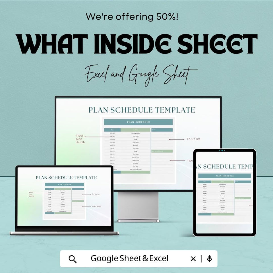 50% Off - Plan Schedule Sheet for Google Sheets | Daily Time Planner Template | Organize Your Day | Task Management | Printable Schedule