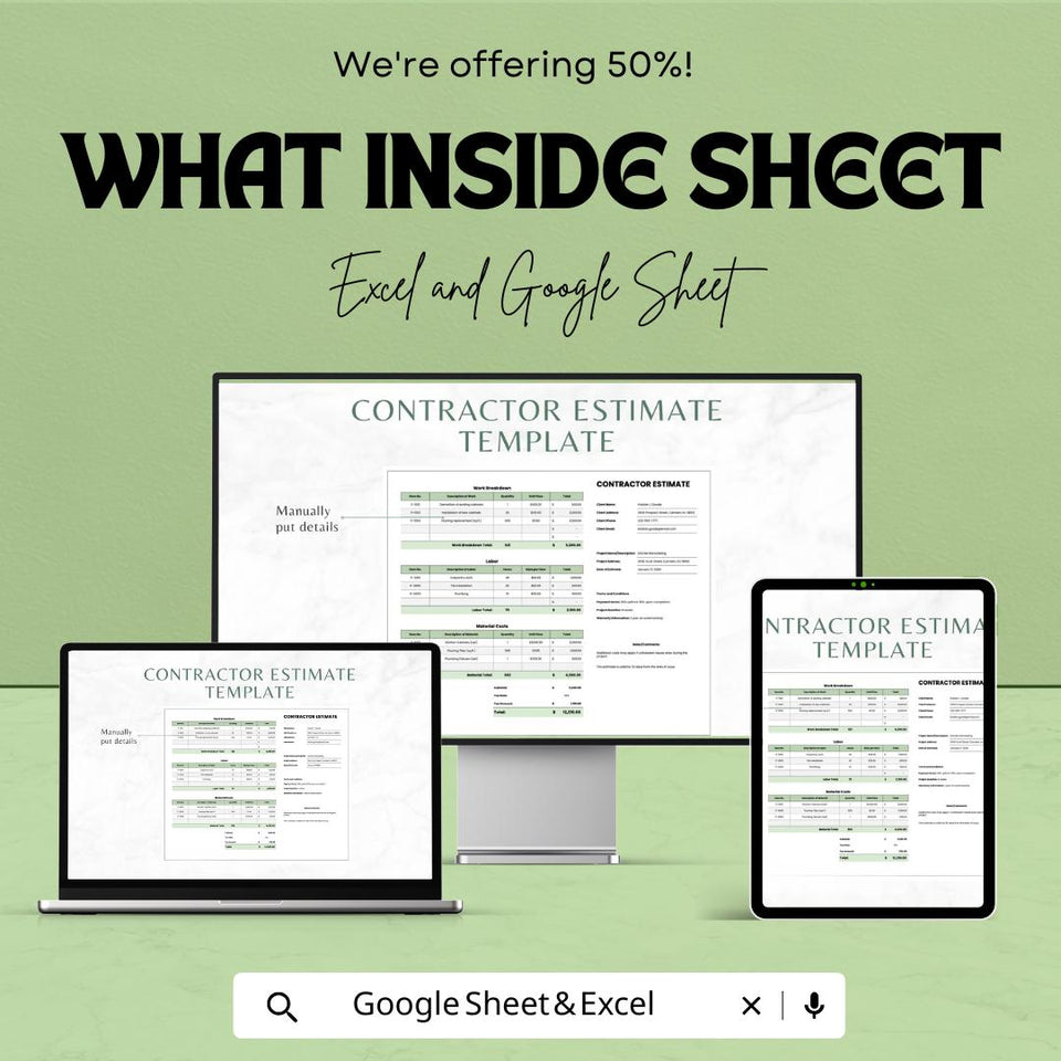 Contractor Estimate Template for Construction Projects | Excel & Google Sheets | 50% OFF