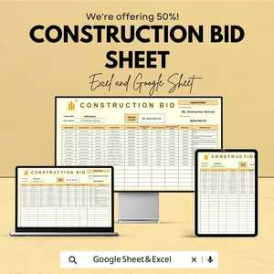 Construction Bid Sheet Template for Projects | Excel & Google Sheets | 50% OFF