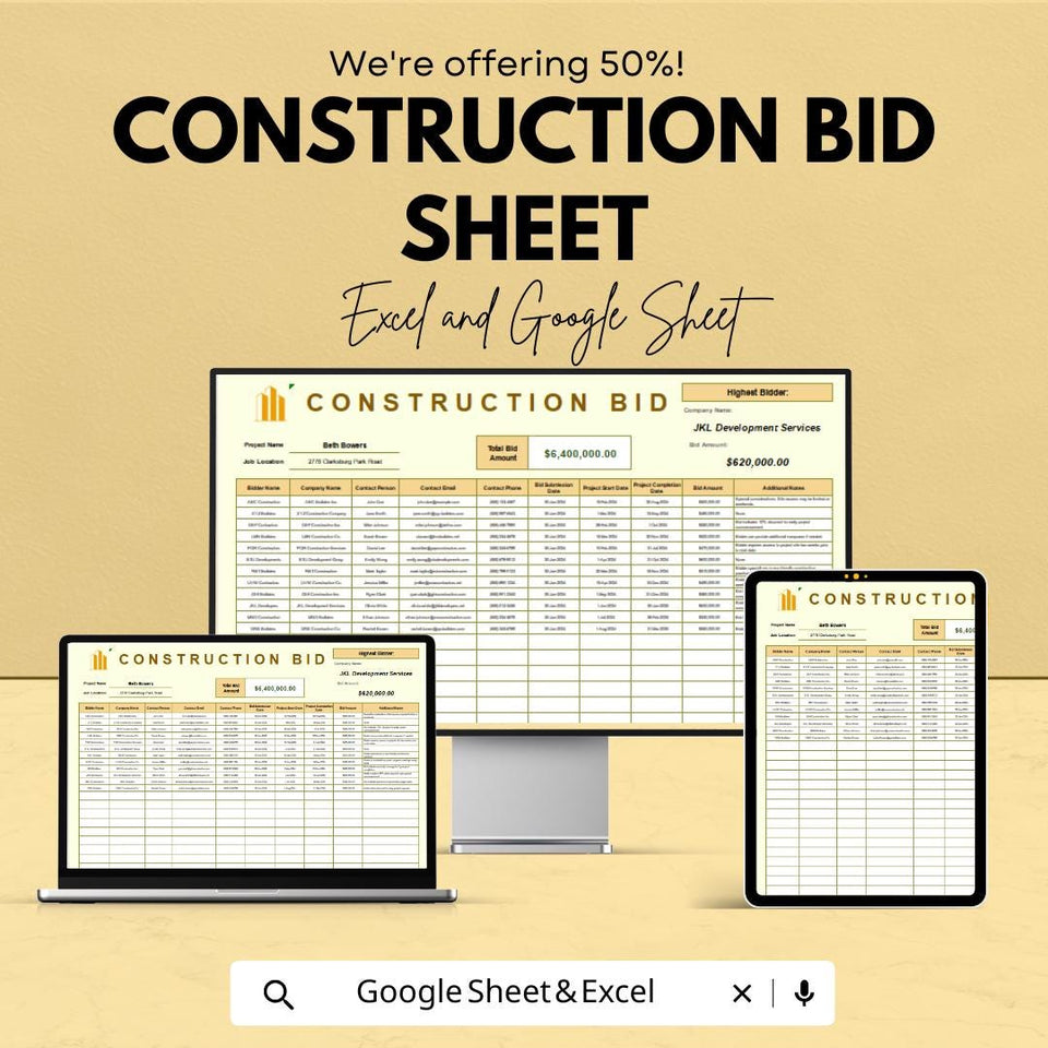 Construction Bid Sheet Template for Projects | Excel & Google Sheets | 50% OFF