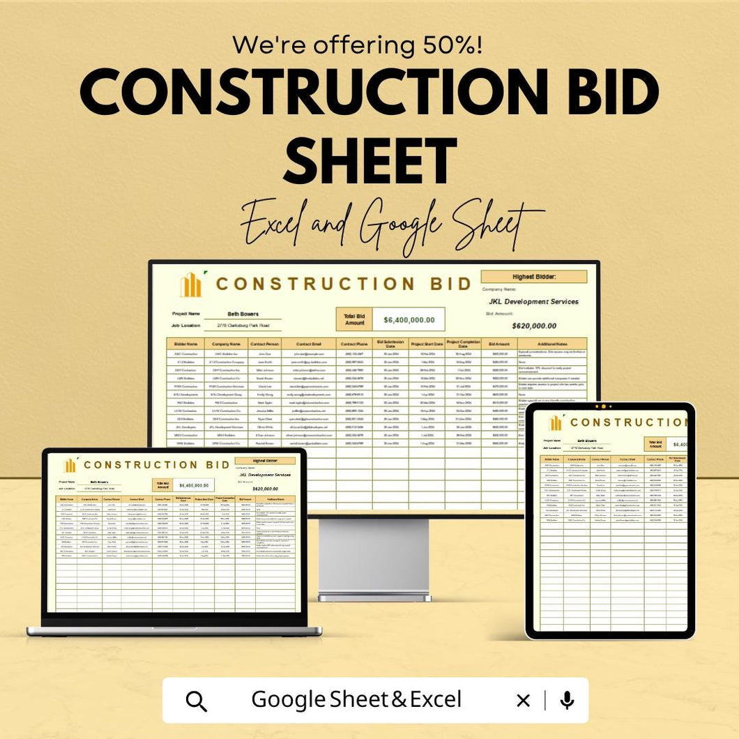 Construction Bid Sheet Template for Projects | Excel & Google Sheets | 50% OFF