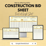 Construction Bid Sheet Template for Projects | Excel & Google Sheets | 50% OFF