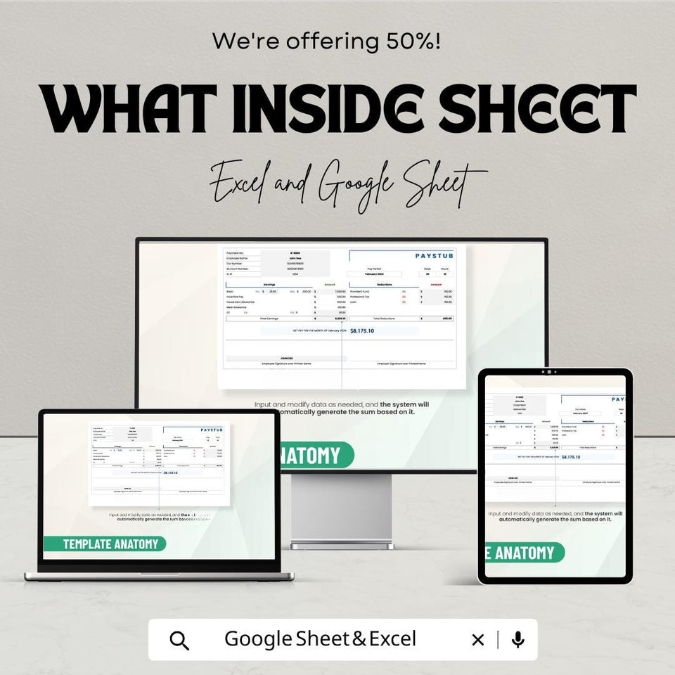 50% Off | Paystub Sheet Template for Excel and Google Sheets | Employee Pay Stubs, Deductions, & Earnings Breakdown