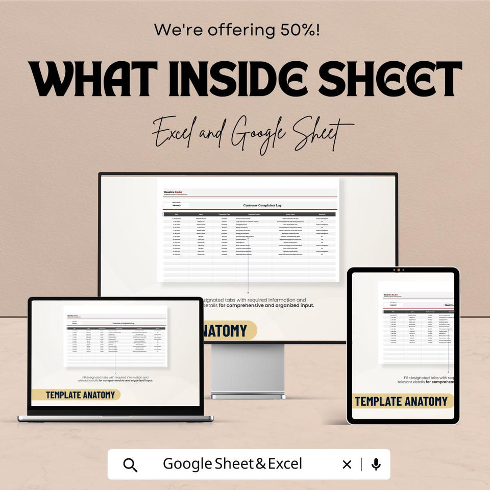 50% Off | Customer Complaints Log Sheet Template for Excel & Google Sheets | Track Complaints and Enhance Customer Satisfaction