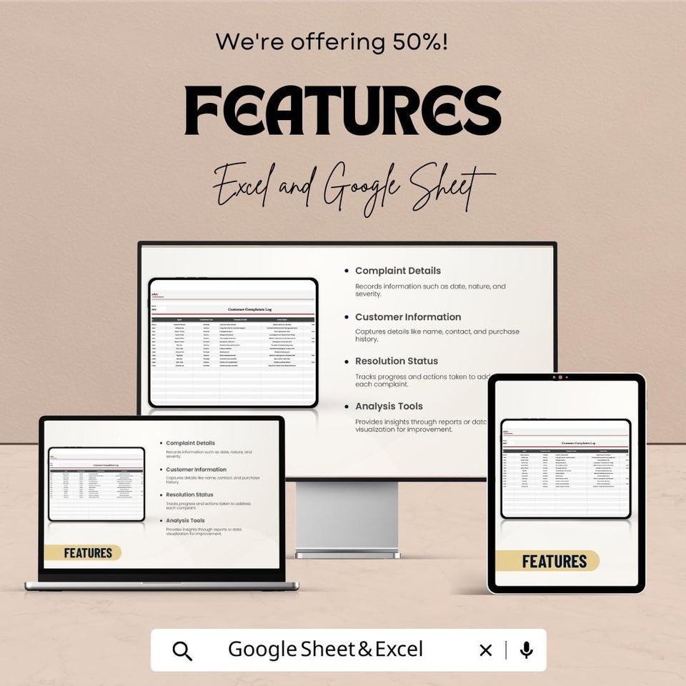 50% Off | Customer Complaints Log Sheet Template for Excel & Google Sheets | Track Complaints and Enhance Customer Satisfaction