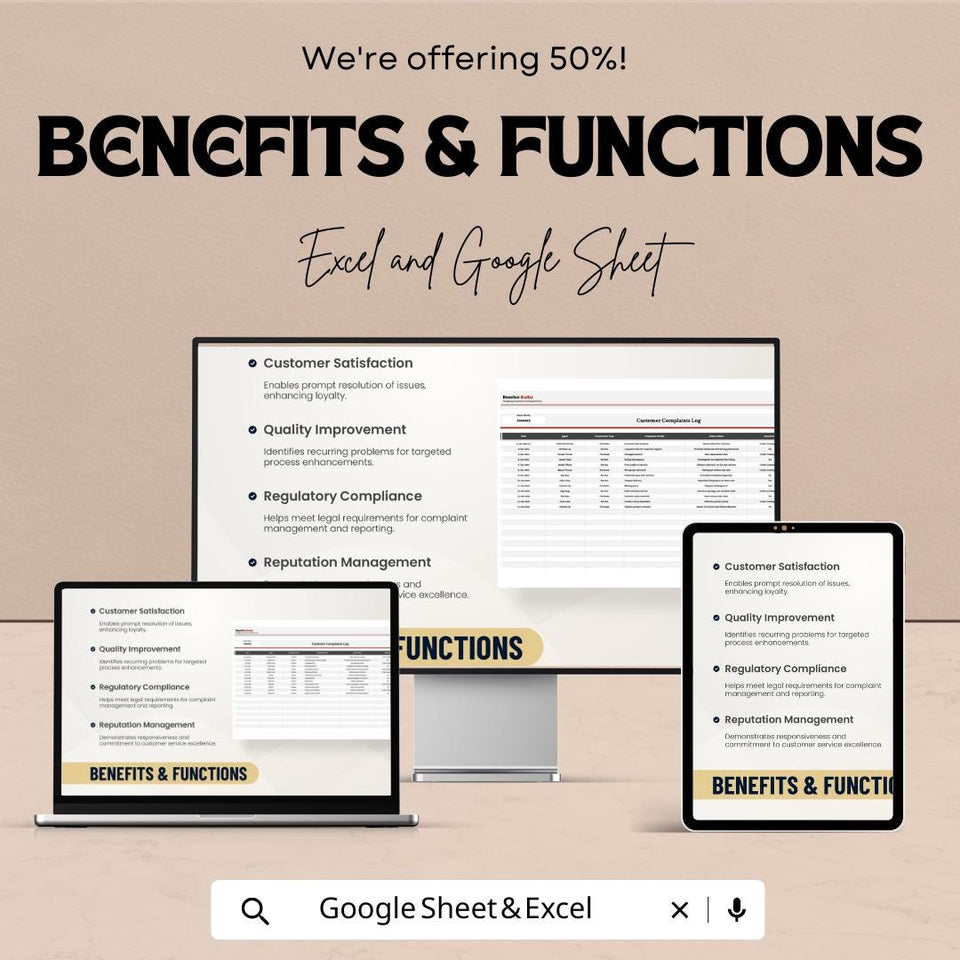50% Off | Customer Complaints Log Sheet Template for Excel & Google Sheets | Track Complaints and Enhance Customer Satisfaction