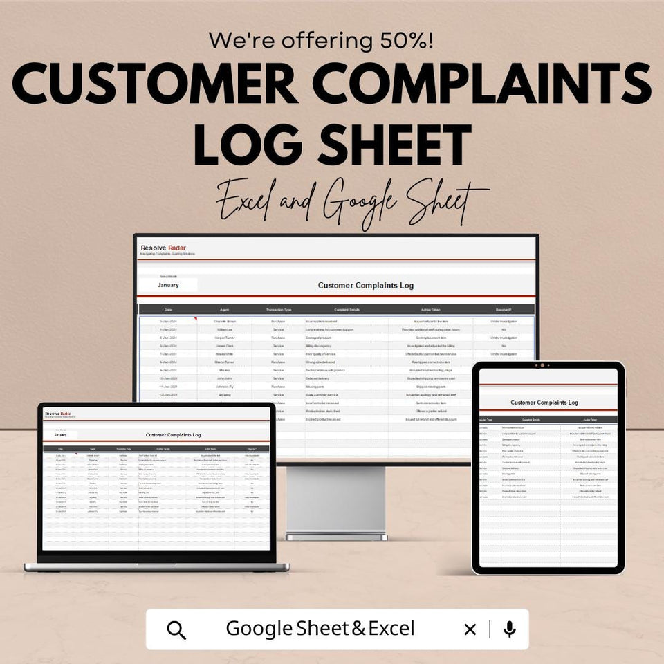 50% Off | Customer Complaints Log Sheet Template for Excel & Google Sheets | Track Complaints and Enhance Customer Satisfaction