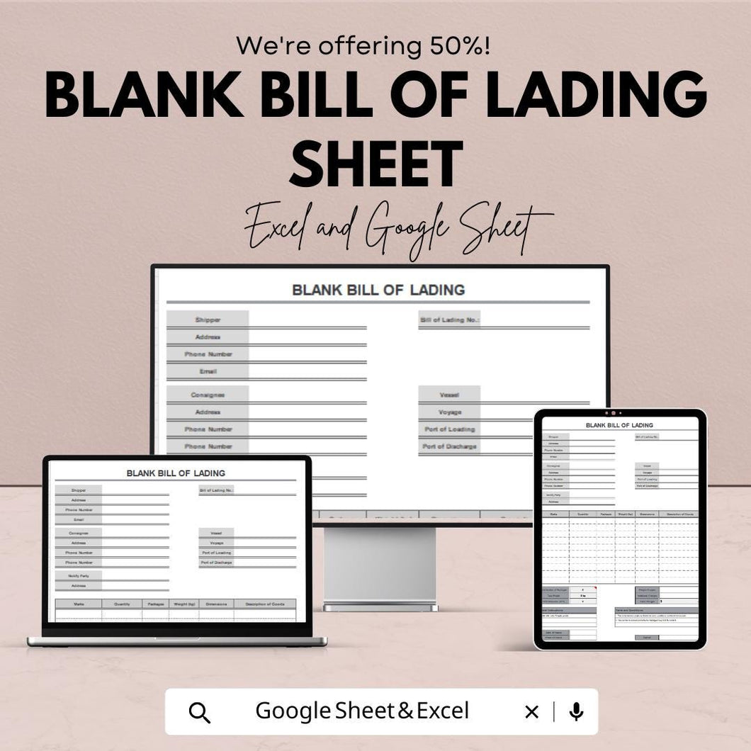 Blank Bill of Lading Sheet | Excel and Google Sheets Template | Shipping, Freight & Transport Documentation | Instant Download