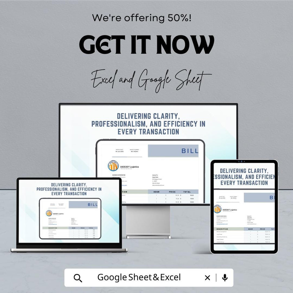50% Off | Customizable Bill Sheet Template for Excel & Google Sheets | Invoice Template | Professional Bill Format for Business