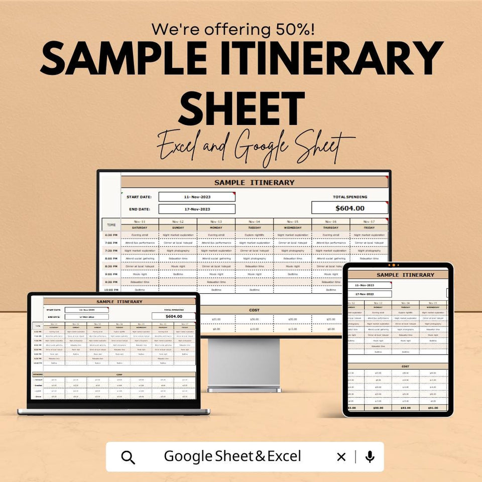 Sample Itinerary Sheet - Editable Excel & Google Sheets Template for Easy Trip Planning