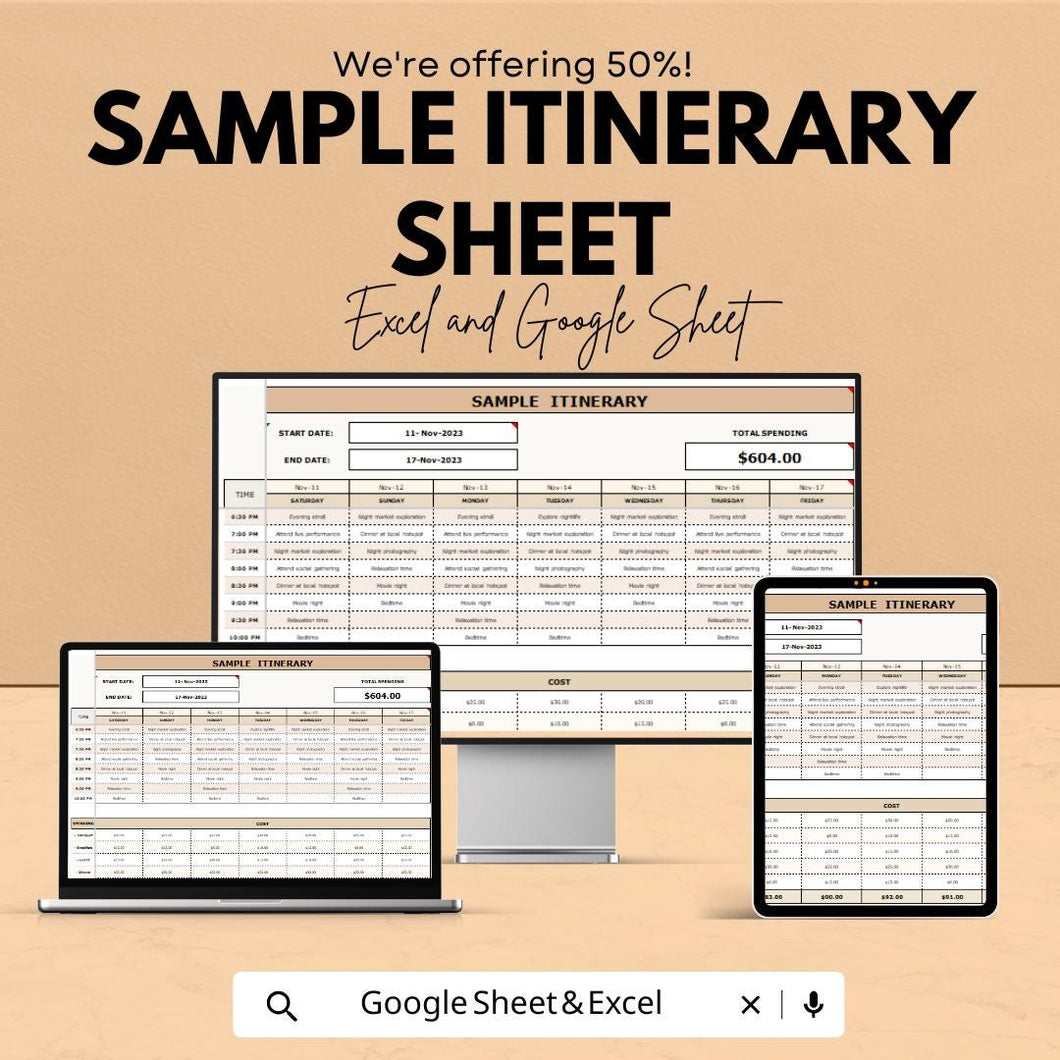Sample Itinerary Sheet - Editable Excel & Google Sheets Template for Easy Trip Planning