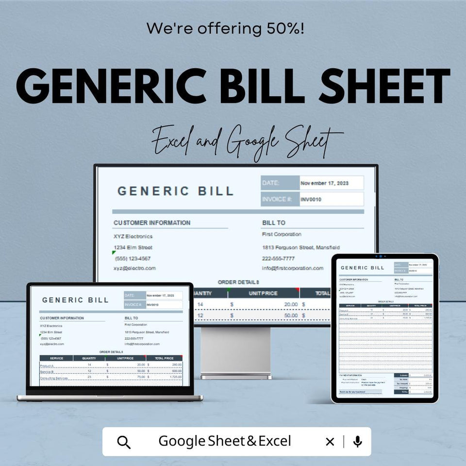 Generic Bill Sheet | Customizable Invoice | Excel and Google Sheet | Business Billing | Editable Bill Generator | Professional Invoice |