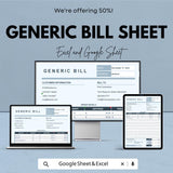 Generic Bill Sheet | Customizable Invoice | Excel and Google Sheet | Business Billing | Editable Bill Generator | Professional Invoice |