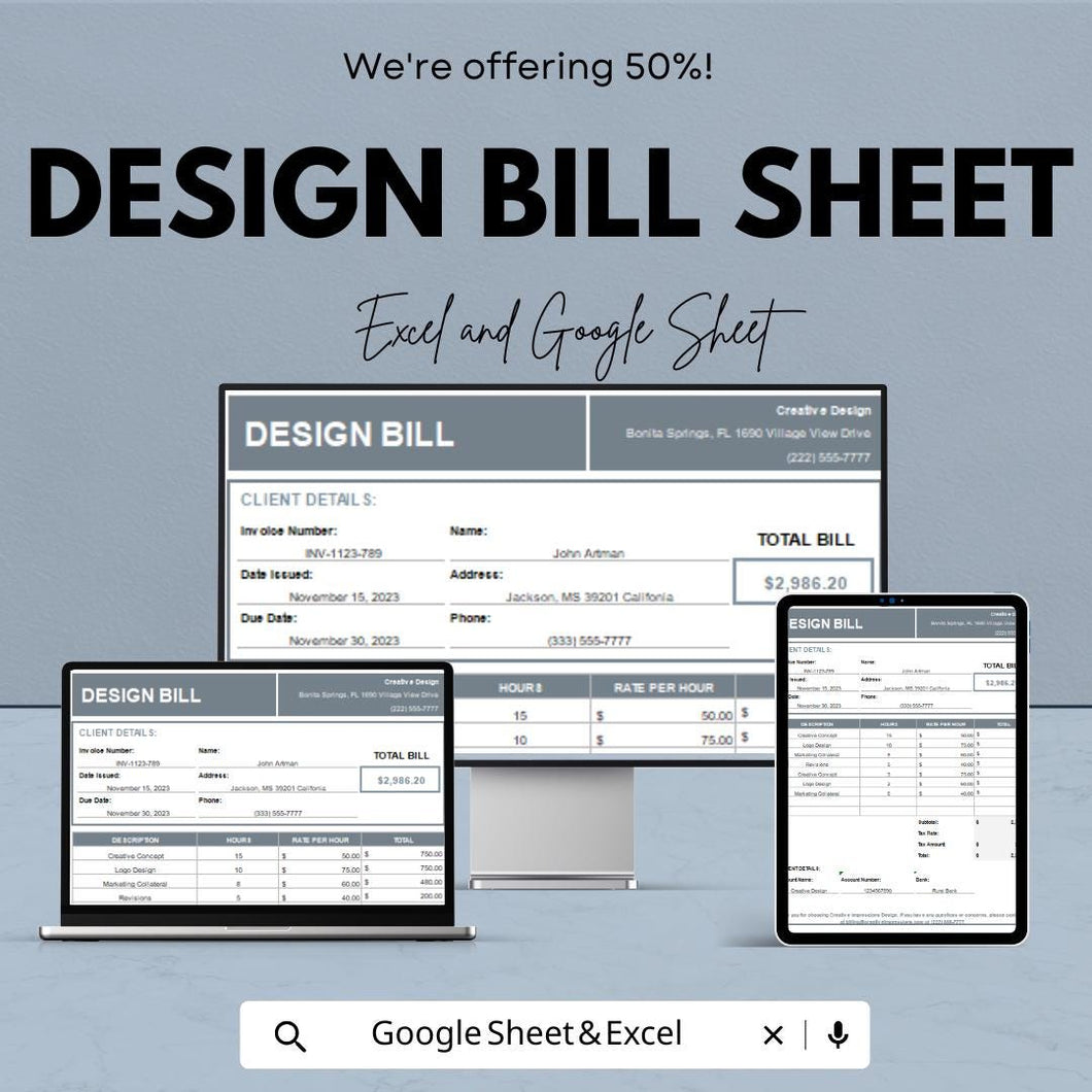 Design Bill Template - Excel & Google Sheets, Client Invoice, Creative Billing, Project Bill Tracker, Professional Design Billing Sheet,