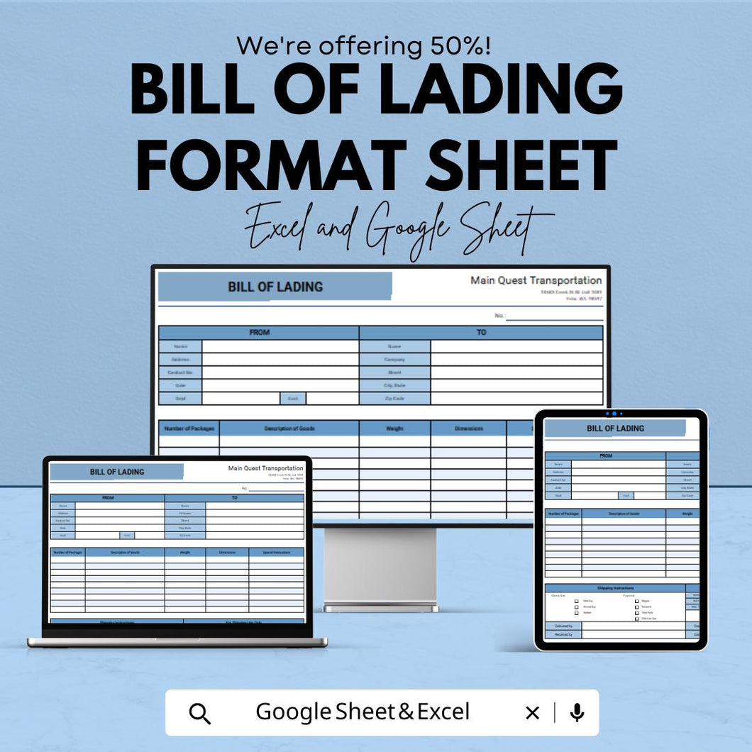 Bill of Lading Format Template - Excel & Google Sheets, Shipping Documentation, Freight Bill, Logistics Tracker, Digital Download,