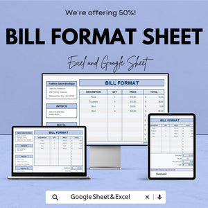 Bill Format Template - Excel & Google Sheets, Professional Invoice Generator, Billing Sheet, Sales Receipt, Customizable Bill Template,