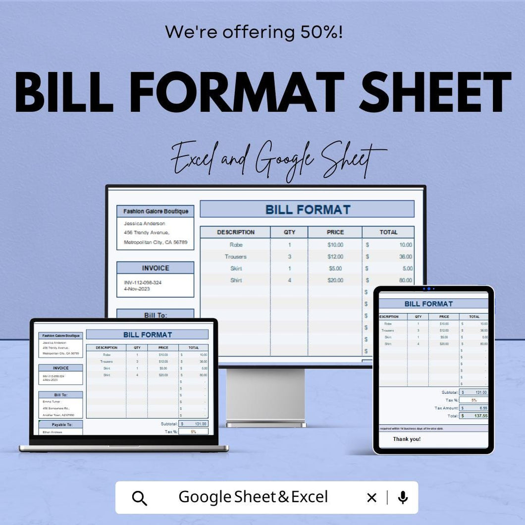 Bill Format Template - Excel & Google Sheets, Professional Invoice Generator, Billing Sheet, Sales Receipt, Customizable Bill Template,