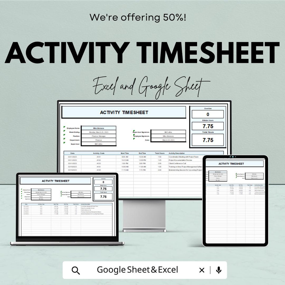 Activity Timesheet Template - Google Sheets, Track Work Hours, Employee Timesheet, Digital Download, Work Log, Printable Timesheet,
