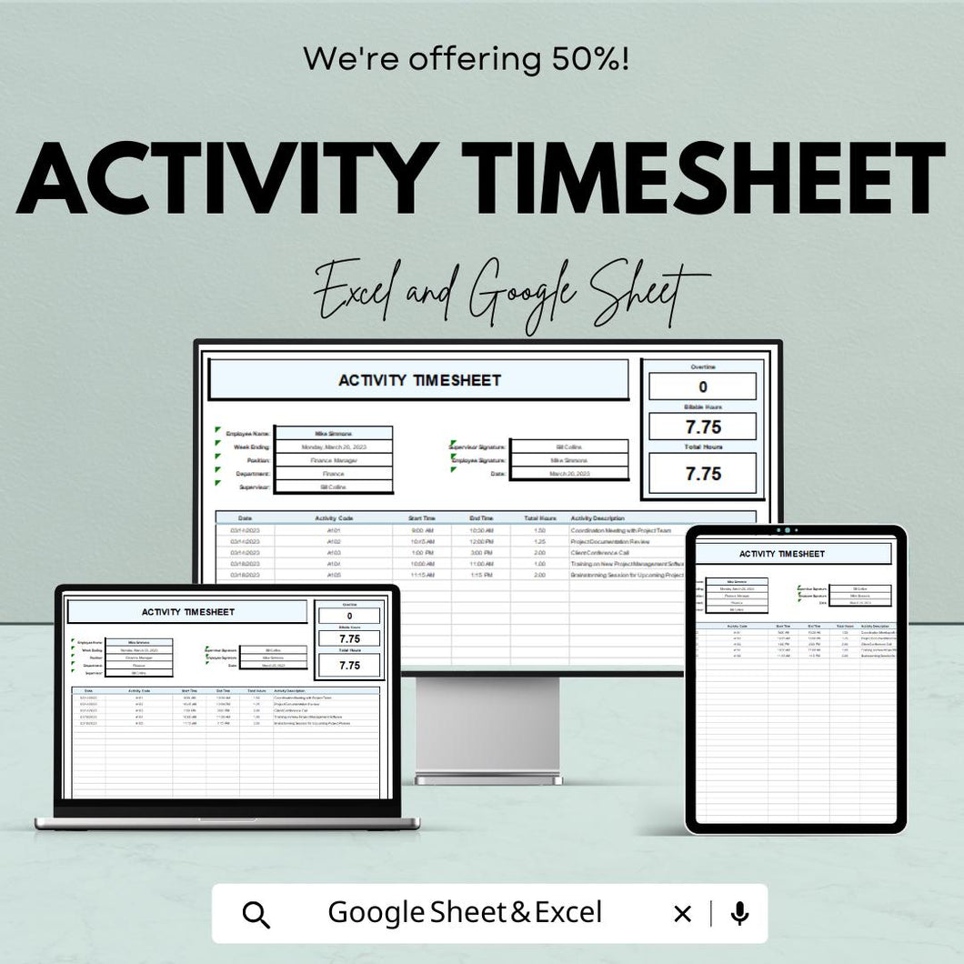 Activity Timesheet Template - Google Sheets, Track Work Hours, Employee Timesheet, Digital Download, Work Log, Printable Timesheet,