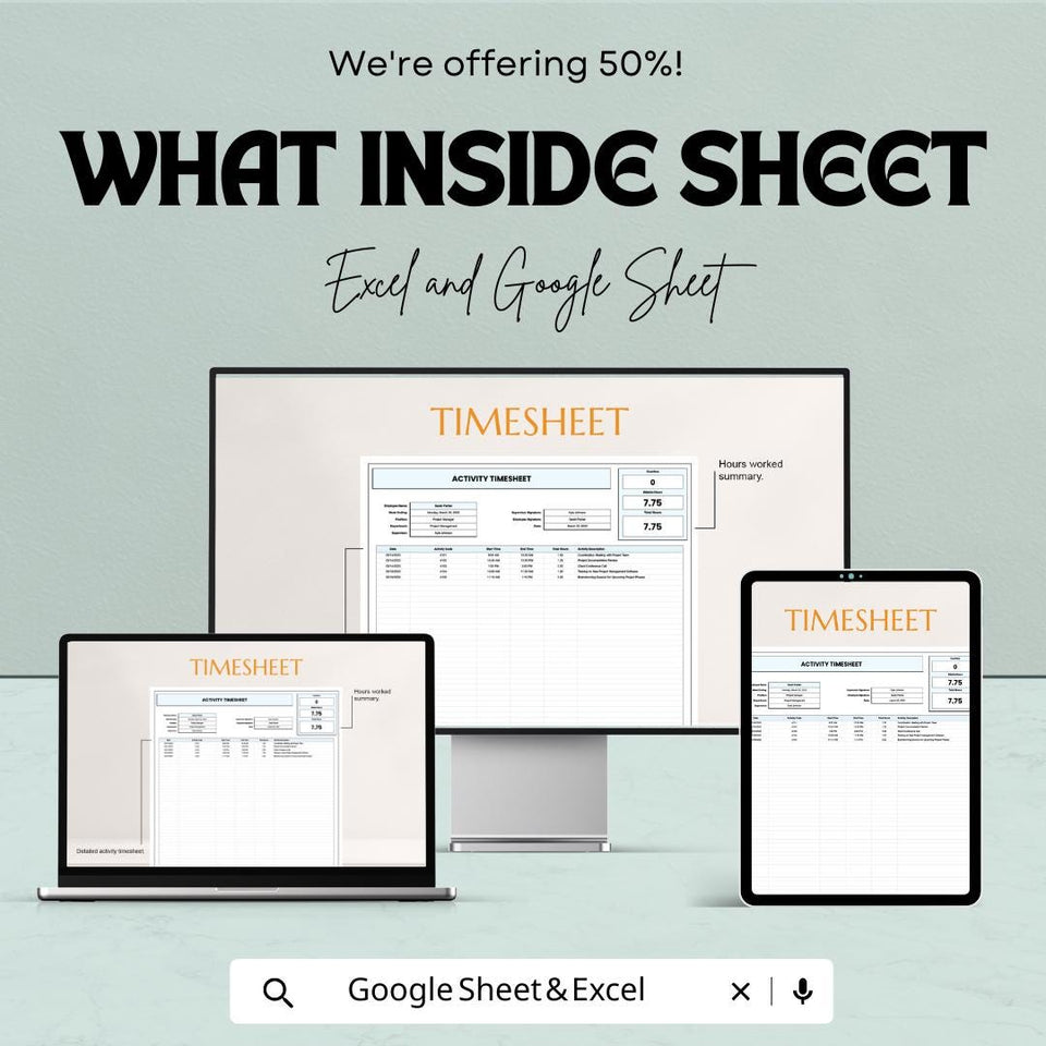 Activity Timesheet Template - Google Sheets, Track Work Hours, Employee Timesheet, Digital Download, Work Log, Printable Timesheet,