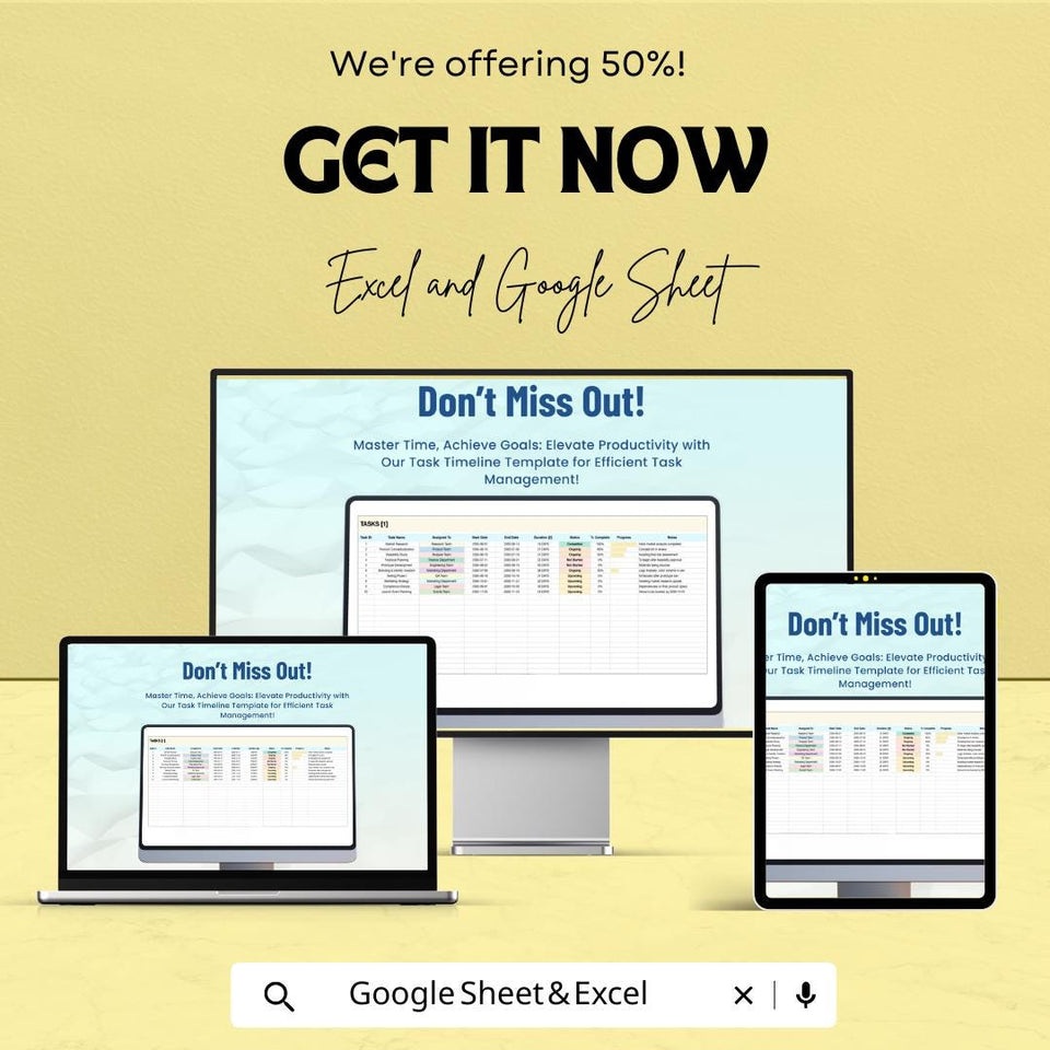 Task Timeline Sheet Template for Excel and Google Sheets | Track Project Deadlines & Milestones | Boost Productivity | 50% Off!