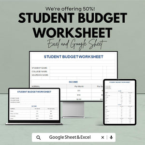 Student Budget Worksheet Template for Excel and Google Sheets | Track Income & Expenses | Financial Planning for Students | 50% Off!