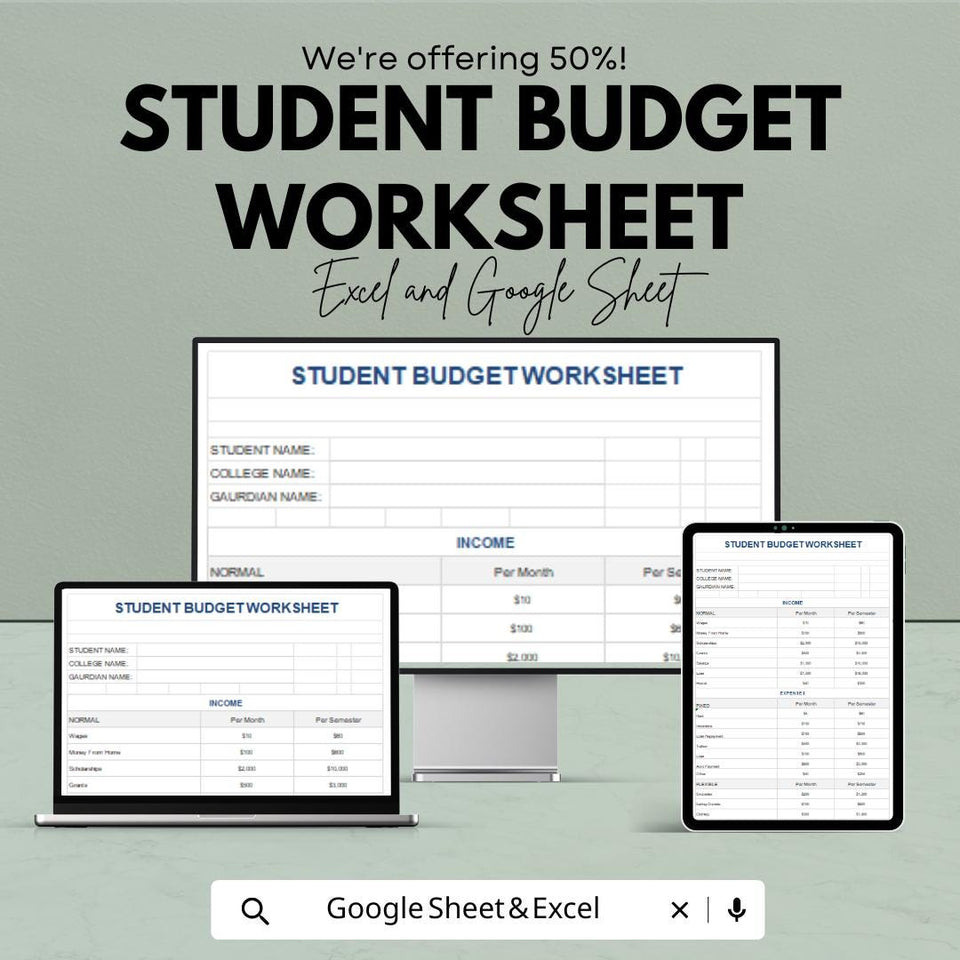 Student Budget Worksheet Template for Excel and Google Sheets | Track Income & Expenses | Financial Planning for Students | 50% Off!