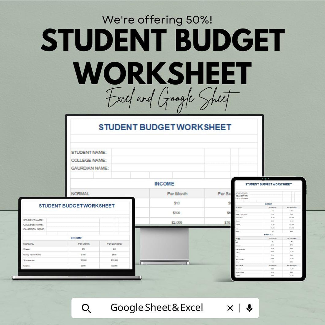Student Budget Worksheet Template for Excel and Google Sheets | Track Income & Expenses | Financial Planning for Students | 50% Off!