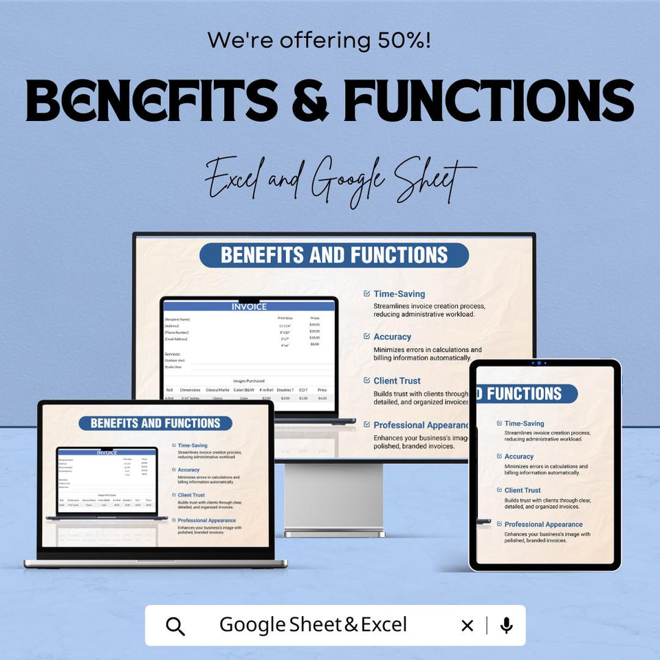 Simple Photography Invoice Template - Excel & Google Sheets, Professional Photography Billing, Customizable Invoice Sheet
