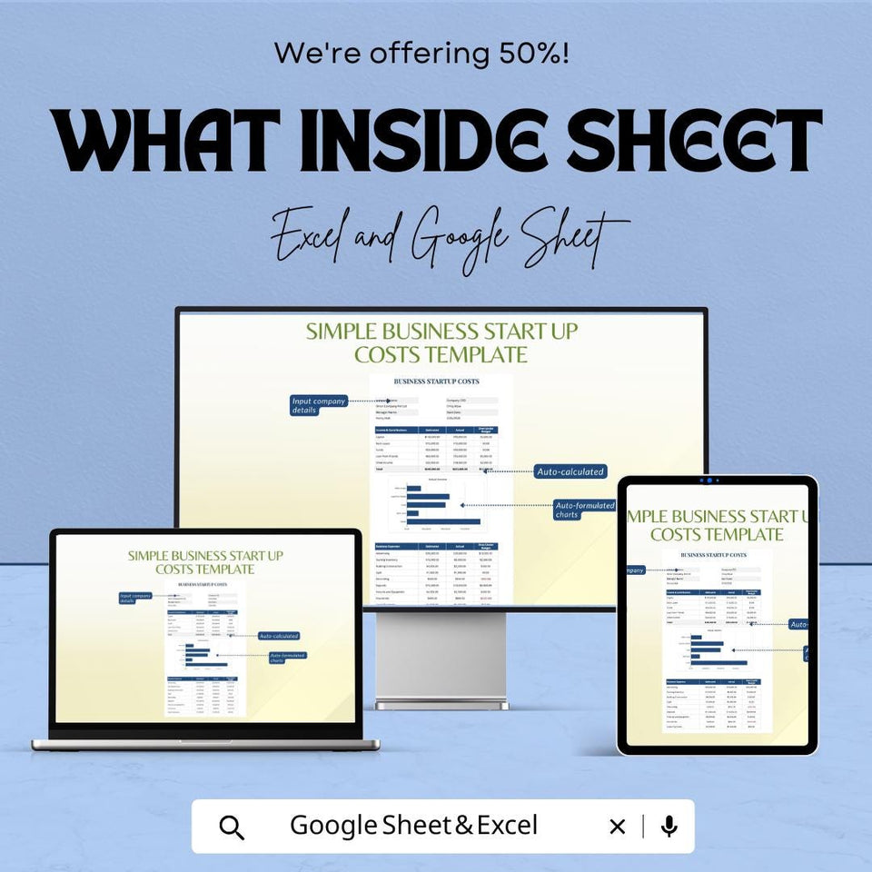 Simple Business Startup Costs Template - Excel & Google Sheets, Budget Planner for New Business, Cost Breakdown Tracker