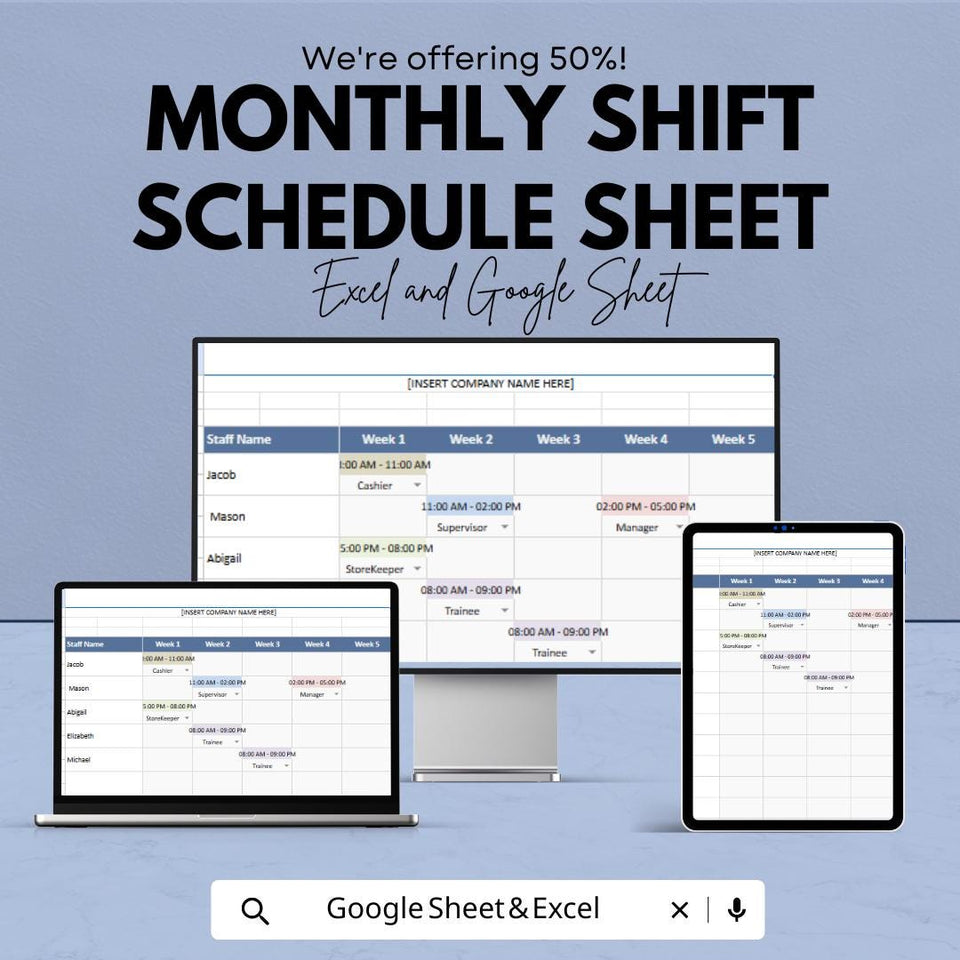 Monthly Shift Schedule Template - Excel & Google Sheets, Employee Work Schedule Planner, Customizable, Staff Shift Organizer