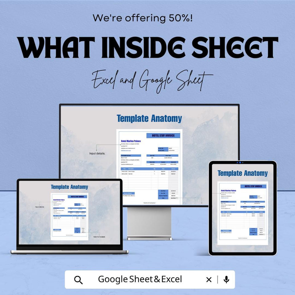 Hotel Stay Invoice Sheet | Excel & Google Sheets Template | Hotel Invoice Generator | Accommodation Invoice | Hotel Billing Template