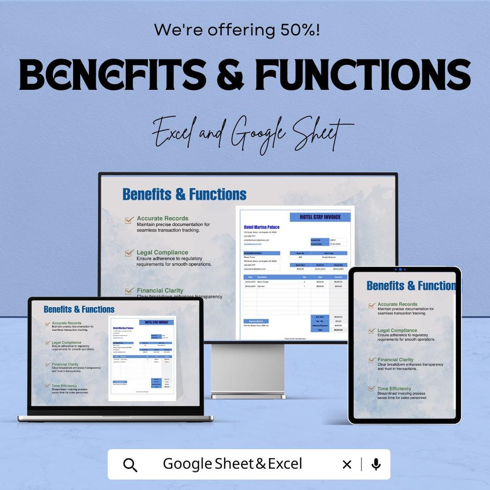 Hotel Stay Invoice Sheet | Excel & Google Sheets Template | Hotel Invoice Generator | Accommodation Invoice | Hotel Billing Template