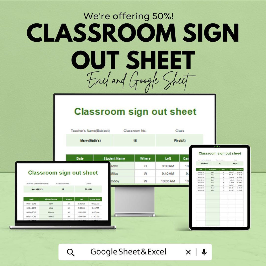 Classroom Sign Out Sheet | Excel & Google Sheets Template | Student Departure Tracker | Attendance Sheet | Teacher Sign Out Log