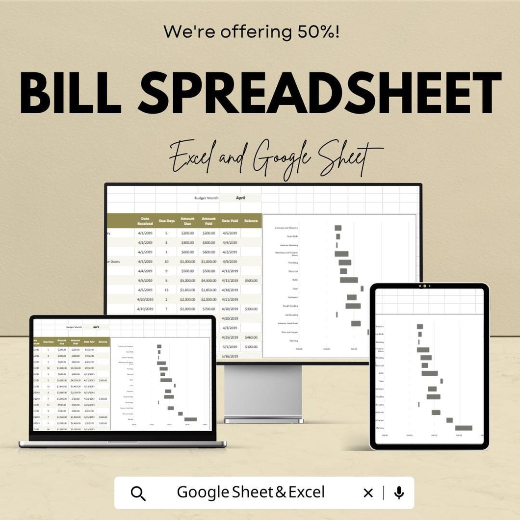 Bill Spreadsheet | Excel & Google Sheets Budget Template | Expense Tracker | Monthly Bill Organizer | Financial Planning Spreadsheet