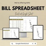 Bill Spreadsheet | Excel & Google Sheets Budget Template | Expense Tracker | Monthly Bill Organizer | Financial Planning Spreadsheet