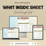 Bill Spreadsheet | Excel & Google Sheets Budget Template | Expense Tracker | Monthly Bill Organizer | Financial Planning Spreadsheet