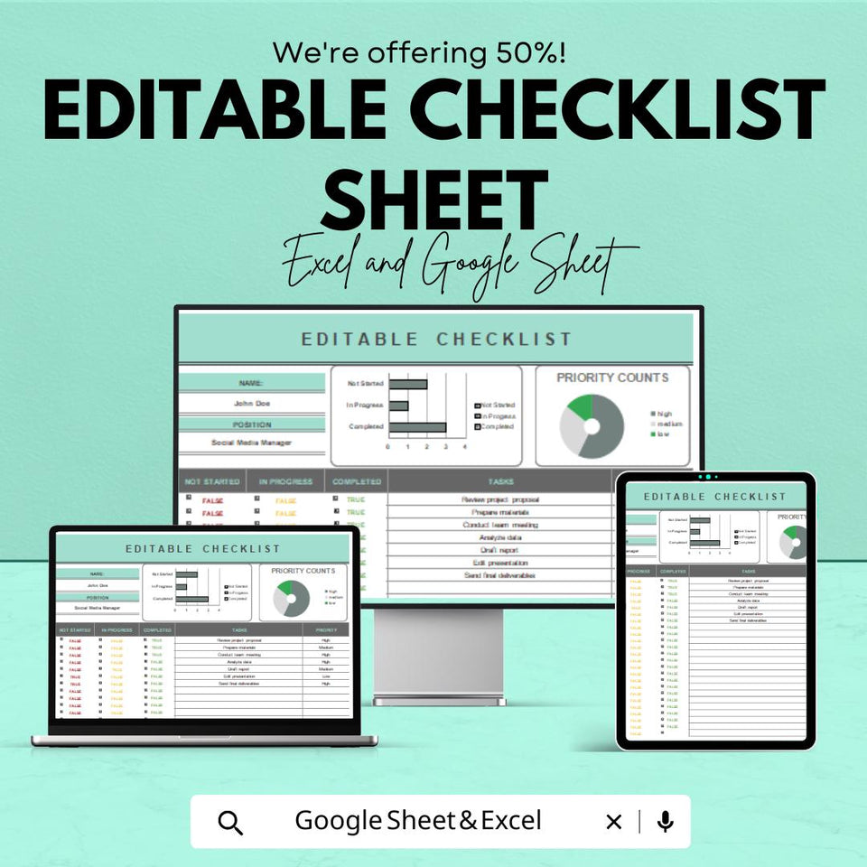 Editable Checklist Sheet | Excel and Google Sheets | Customizable Task List Template | Track Tasks & Progress | Priority Tracker |