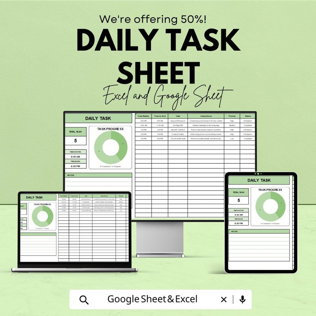 Daily Task Sheet | Excel and Google Sheets | Task Planner Template | Track Daily Tasks & Progress | To-Do List with Priority and Status |