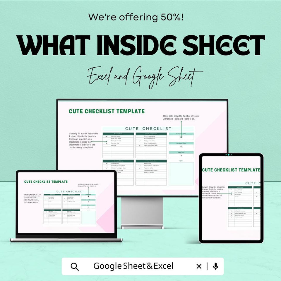 Cute Checklist Sheet | Excel and Google Sheets | Daily Task Planner | Fun & Adorable Checklist Template | Organize Your Day |