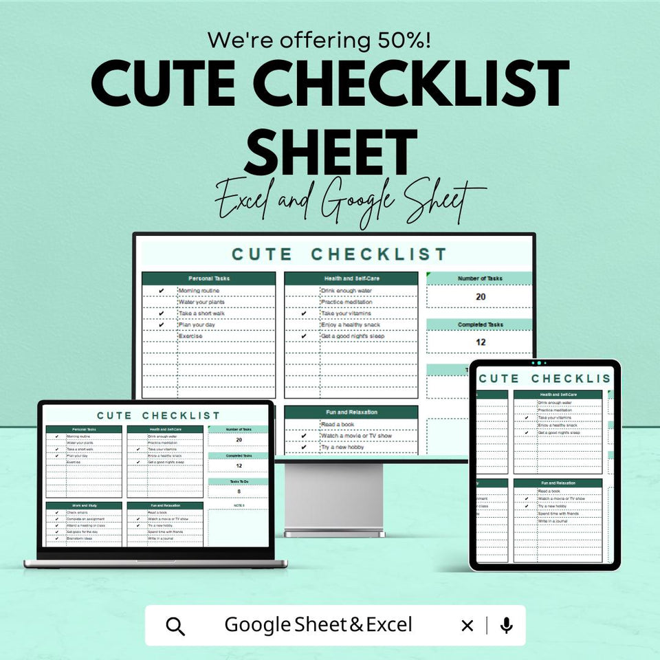 Cute Checklist Sheet | Excel and Google Sheets | Daily Task Planner | Fun & Adorable Checklist Template | Organize Your Day |