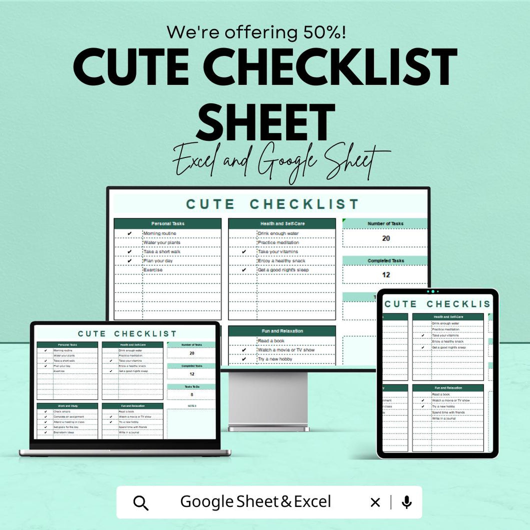 Cute Checklist Sheet | Excel and Google Sheets | Daily Task Planner | Fun & Adorable Checklist Template | Organize Your Day |